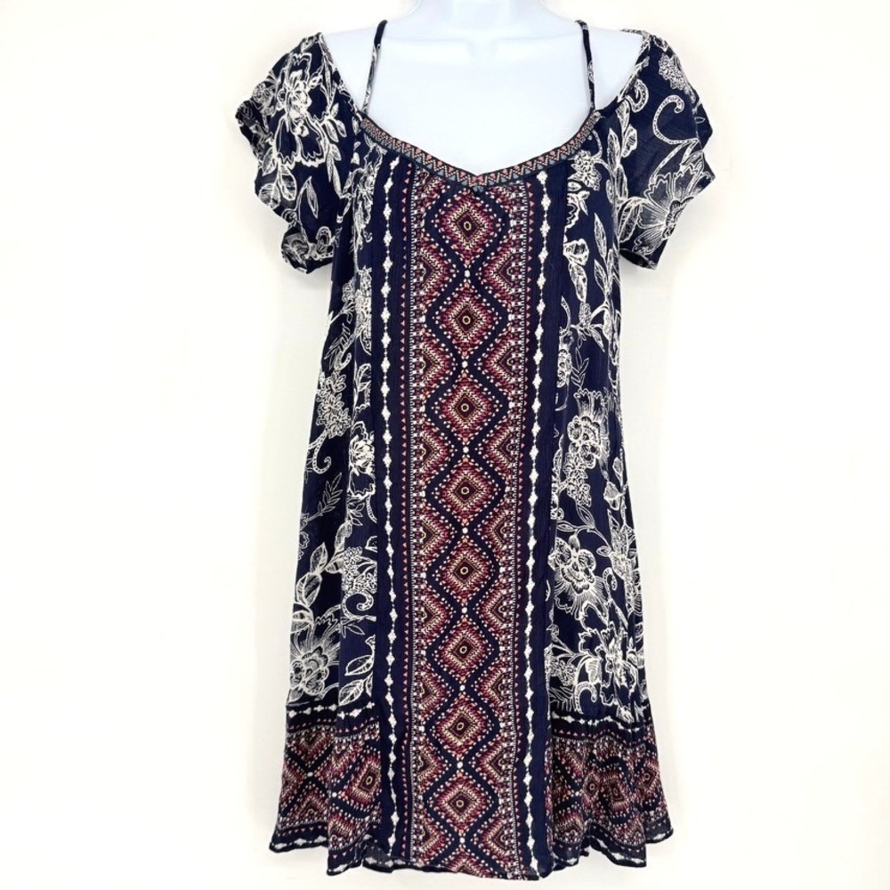 Band of Gypsies Navy Blue Floral Trial Ethnic Cold Shoulder Boho Mini Dress S